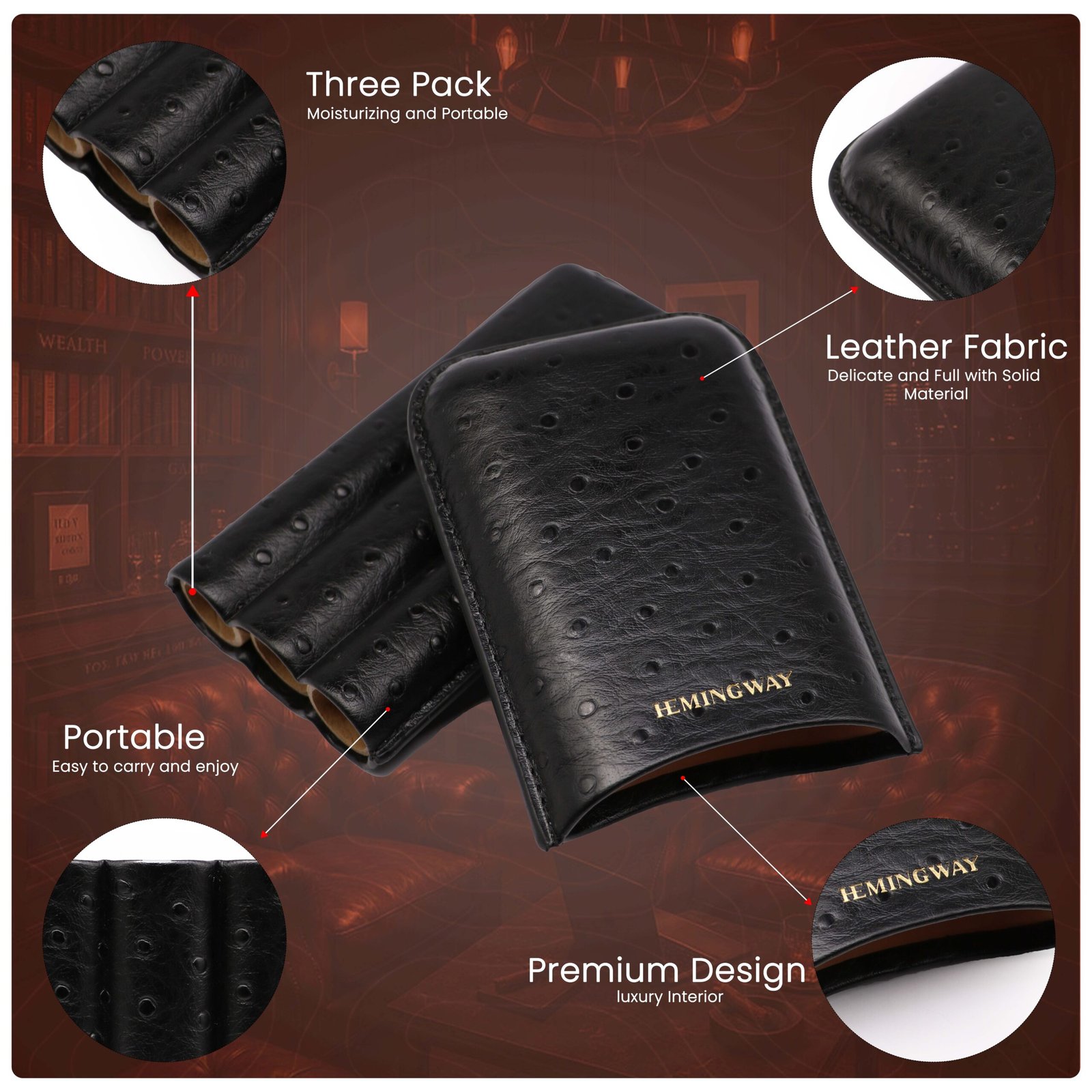 HEMINGWAY PORTABLE CIGAR CASE 3 CIGARS HOLDER PREMIUM LEATHER CIGAR CASE – BLACK - Image 5