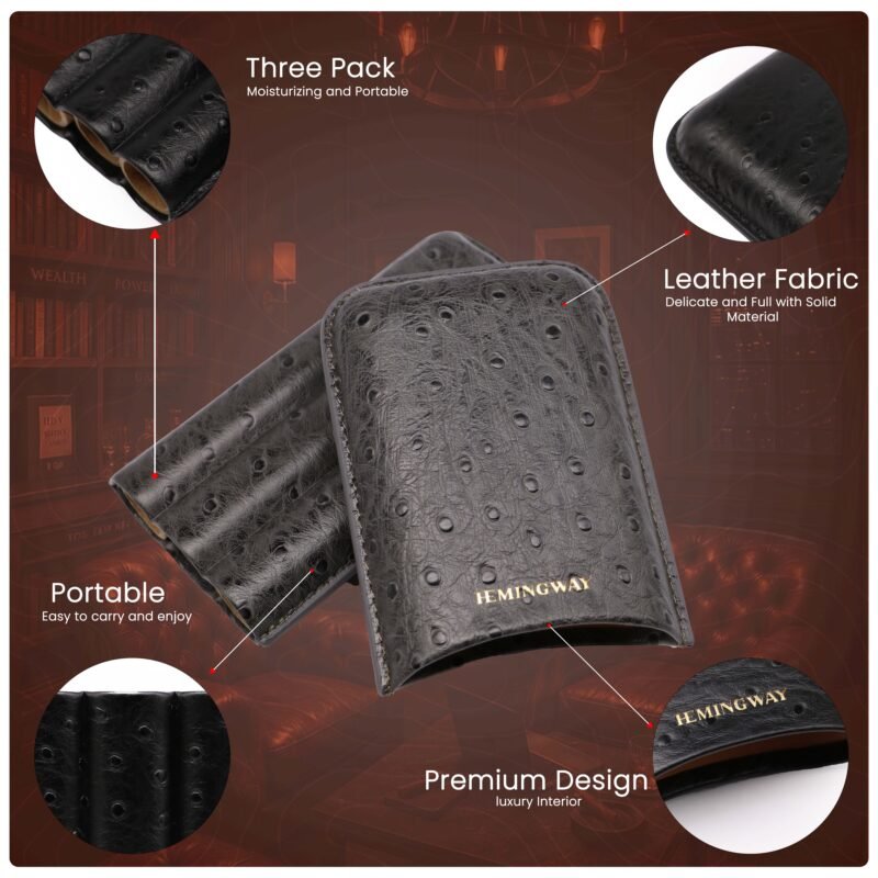 HEMINGWAY PORTABLE CIGAR CASE 3 CIGARS HOLDER PREMIUM LEATHER CIGAR CASE – GRAY