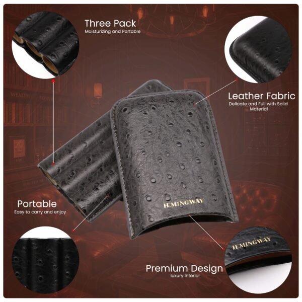 HEMINGWAY PORTABLE CIGAR CASE 3 CIGARS HOLDER PREMIUM LEATHER CIGAR CASE – GRAY - Image 5