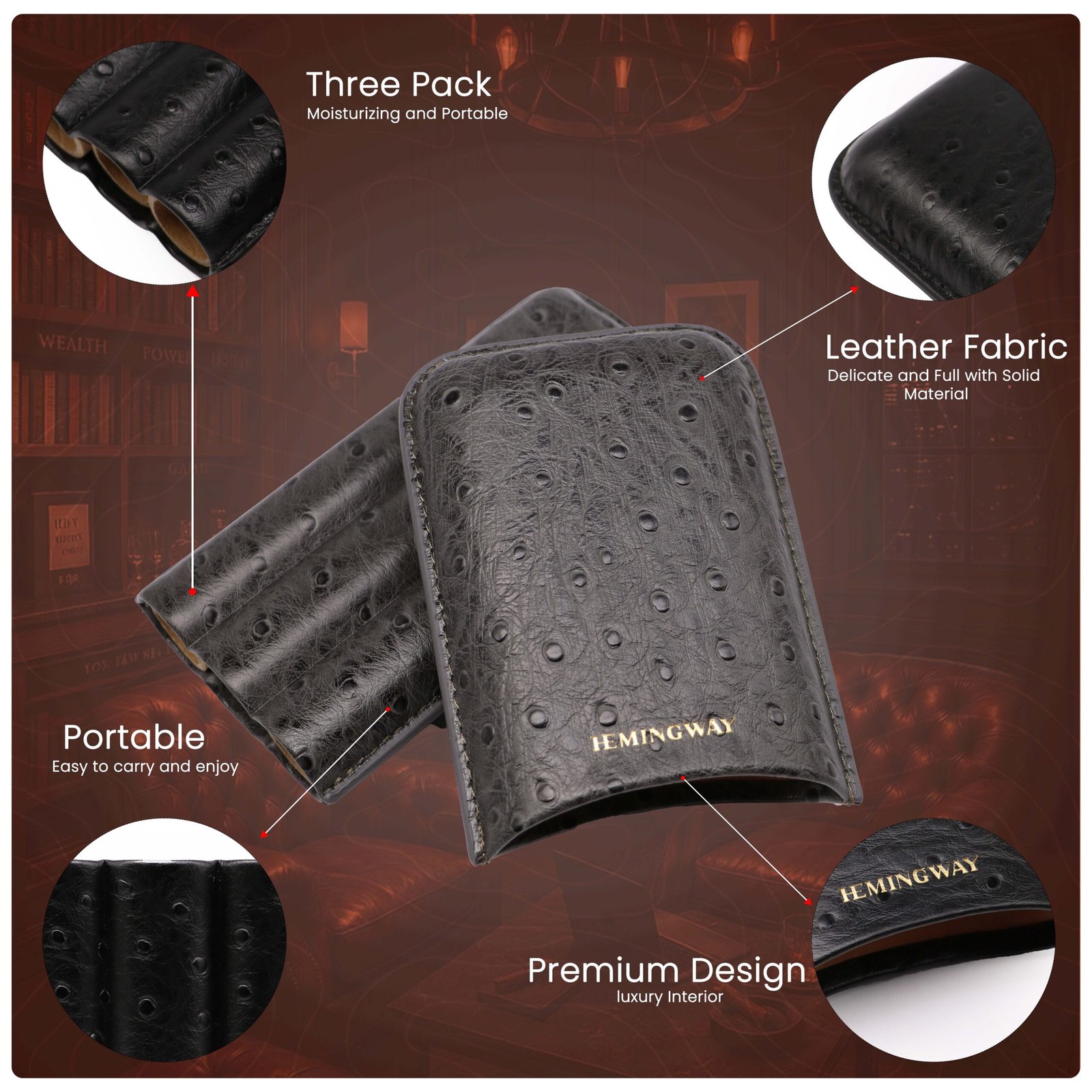 HEMINGWAY PORTABLE CIGAR CASE 3 CIGARS HOLDER PREMIUM LEATHER CIGAR CASE – GRAY - Image 5