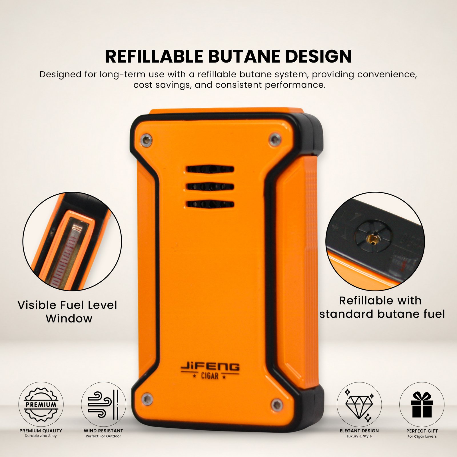 Jifeng Butane Cigar Lighter Torch Gas Refillable Windproof Lighter Jet Flame Orange - Image 5