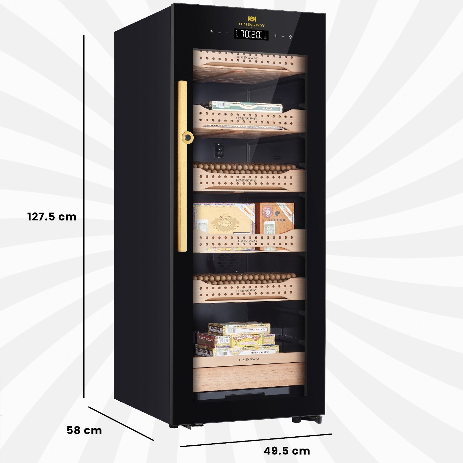 Hemingway electric cigar humidor dimensions 127.5 x 58 x 49.5 cm with Spanish cedar drawers