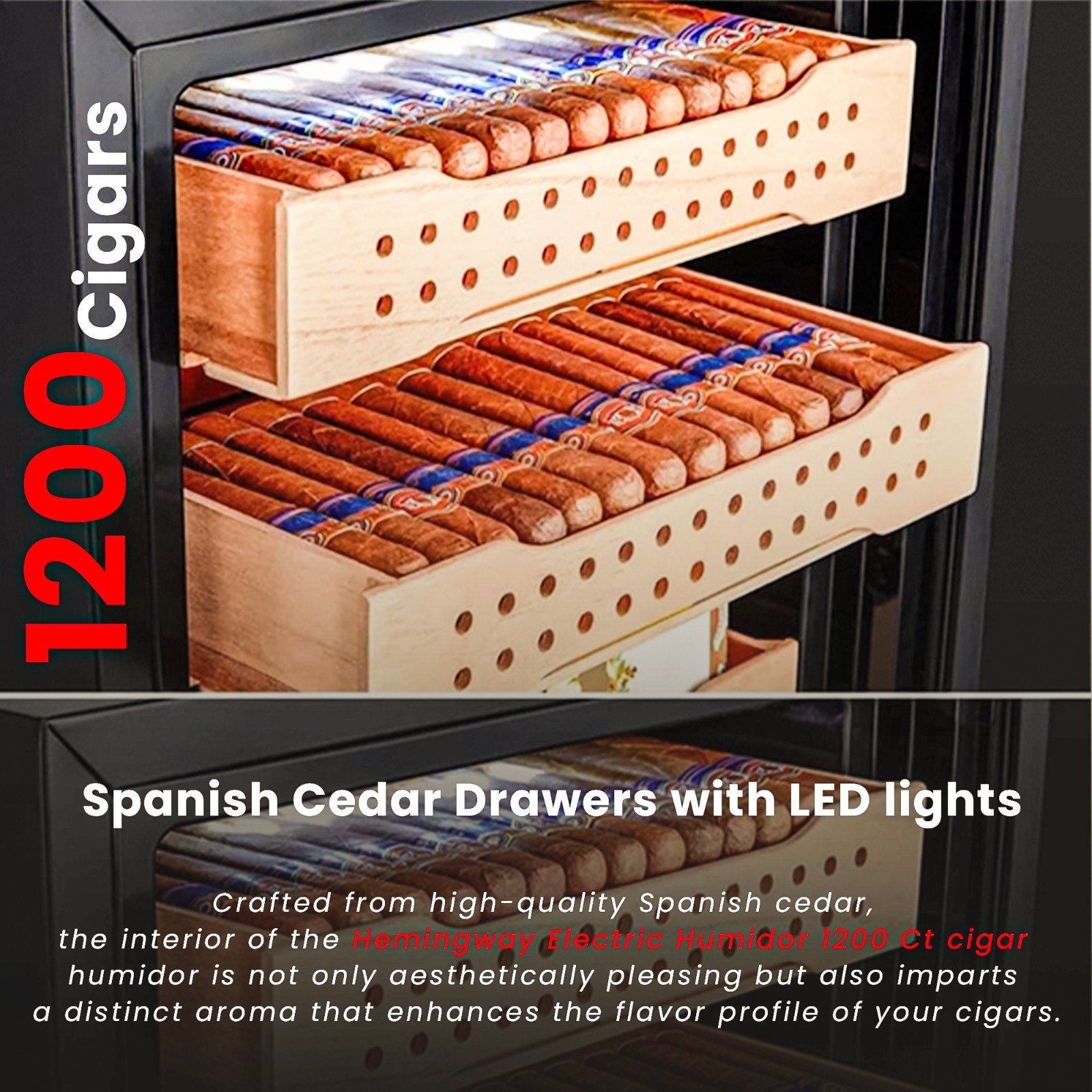 Hemingway electric cigar humidor with Spanish cedar drawers and LED lights, holds up to 1200 cigars