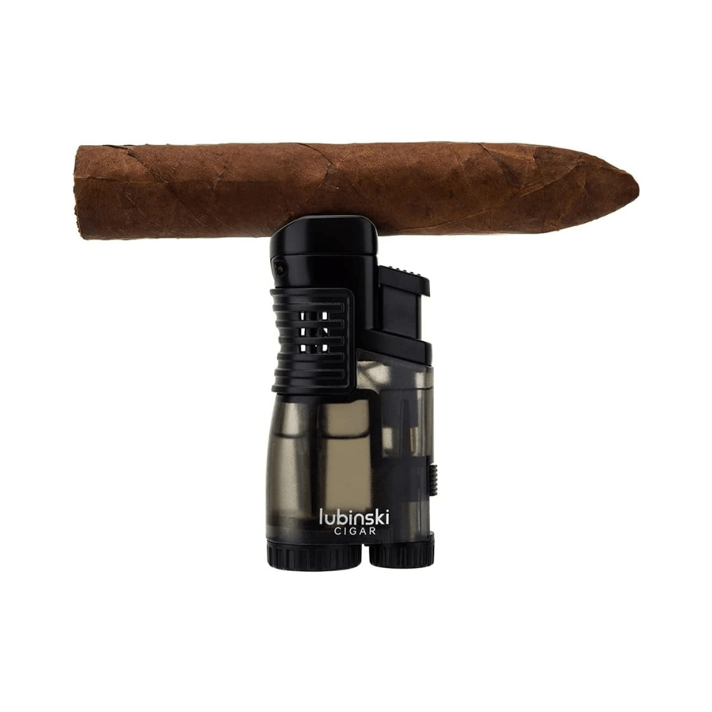 LUBINSKI Cigar Cutter and Torch Lighter 3 Jet Cigar Lighter w Punch, Security Lock Cigar Cutter W Cigar Stand Gift Set (Black)