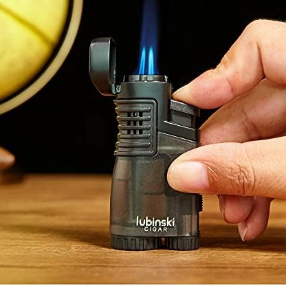 LUBINSKI Cigar Cutter and Torch Lighter 3 Jet Cigar Lighter w Punch, Security Lock Cigar Cutter W Cigar Stand Gift Set (Black)