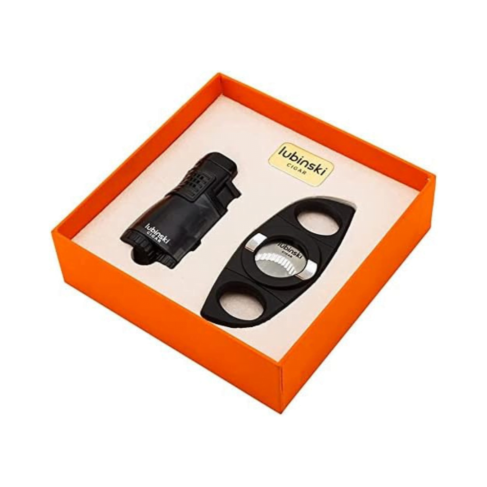 LUBINSKI Cigar Cutter and Torch Lighter 3 Jet Cigar Lighter w Punch, Security Lock Cigar Cutter W Cigar Stand Gift Set (Black)