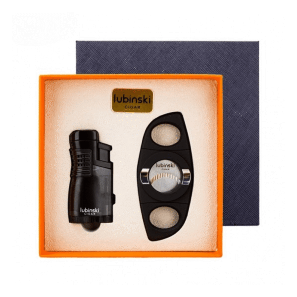 LUBINSKI Cigar Cutter and Torch Lighter 3 Jet Cigar Lighter w Punch, Security Lock Cigar Cutter W Cigar Stand Gift Set (Black) - Image 1