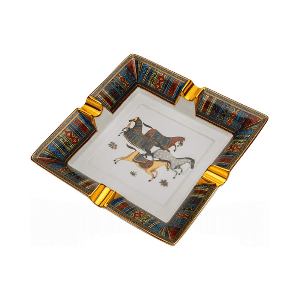 LUBINSKI Chinese Ceramic Cigar Ashtray 4 Cigar Holder Ashtray with Retro Running Horse Pattern Tray Design for Outdoor