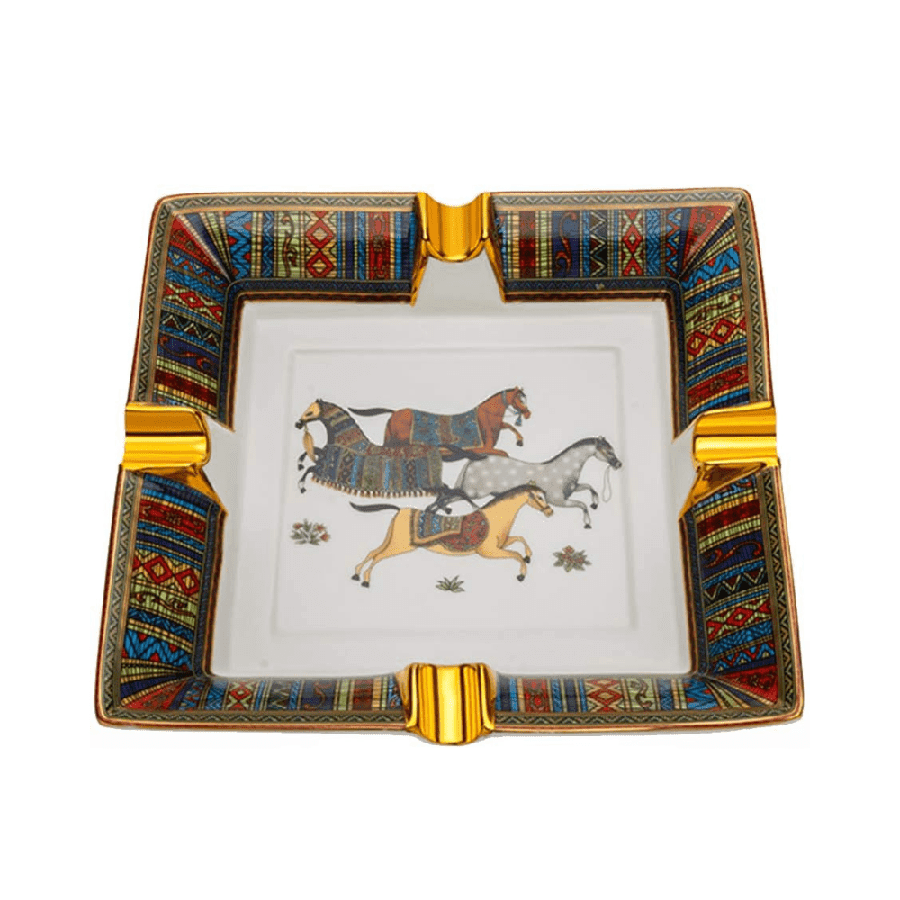 LUBINSKI Chinese Ceramic Cigar Ashtray 4 Cigar Holder Ashtray with Retro Running Horse Pattern Tray Design for Outdoor