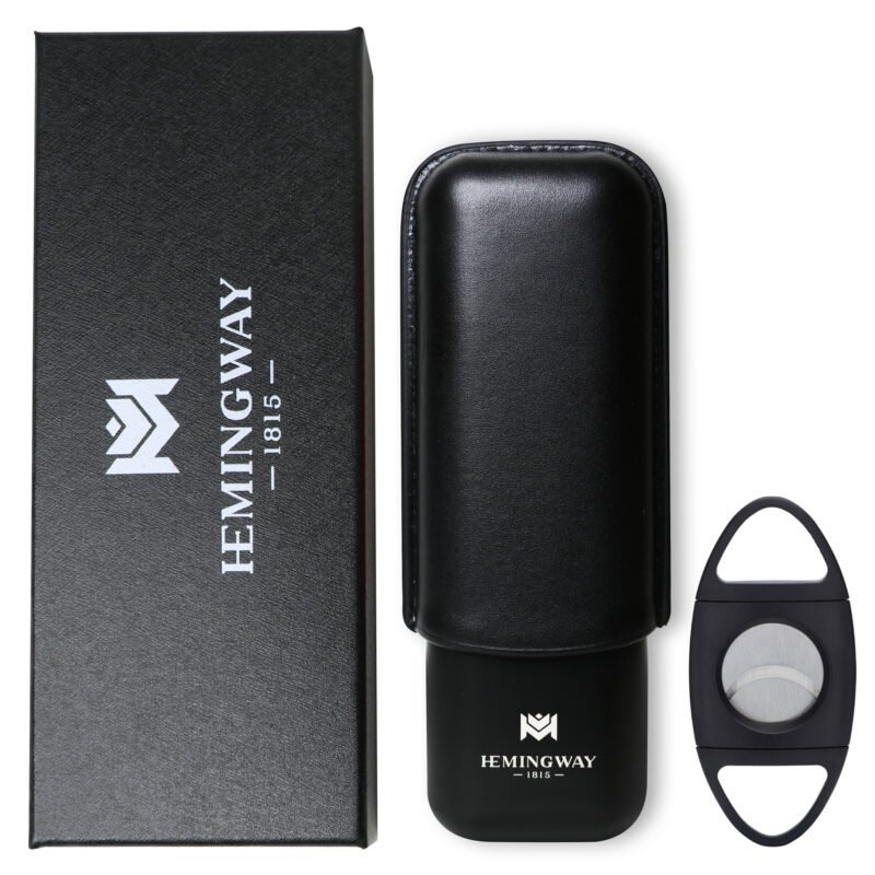 Hemingway Stainless Steel & Leather Portable Travel Cigar Humidor Case Black | Holds Up to 2 Cigars