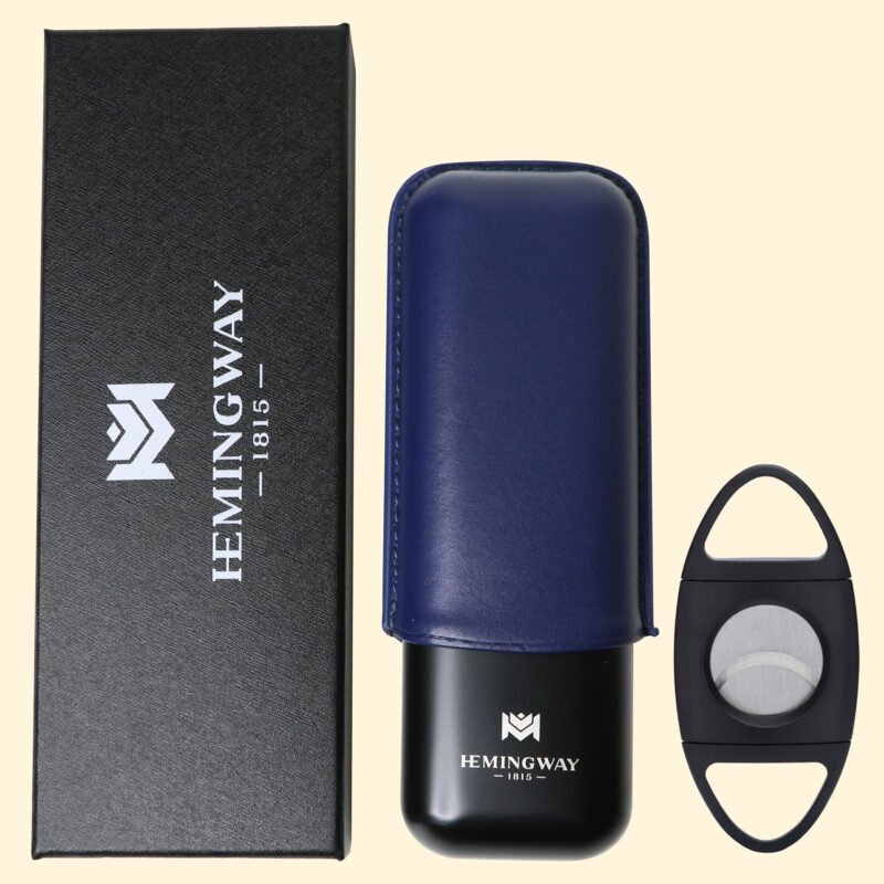 Hemingway Luxury Stainless Steel and Leather Portable Travel Cigar Humidor Case Blue | Holds Up to 2 Cigars