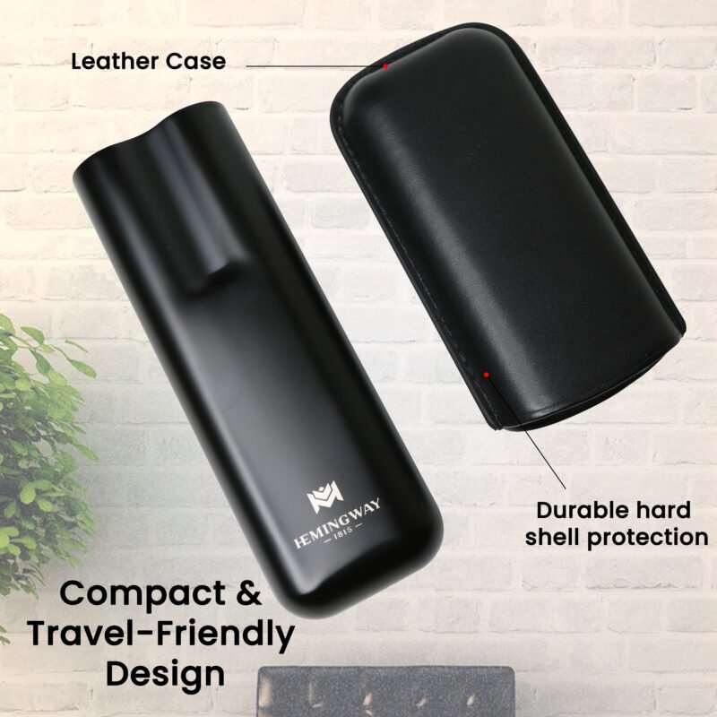 Hemingway Stainless Steel & Leather Portable Travel Cigar Humidor Case Black | Holds Up to 2 Cigars
