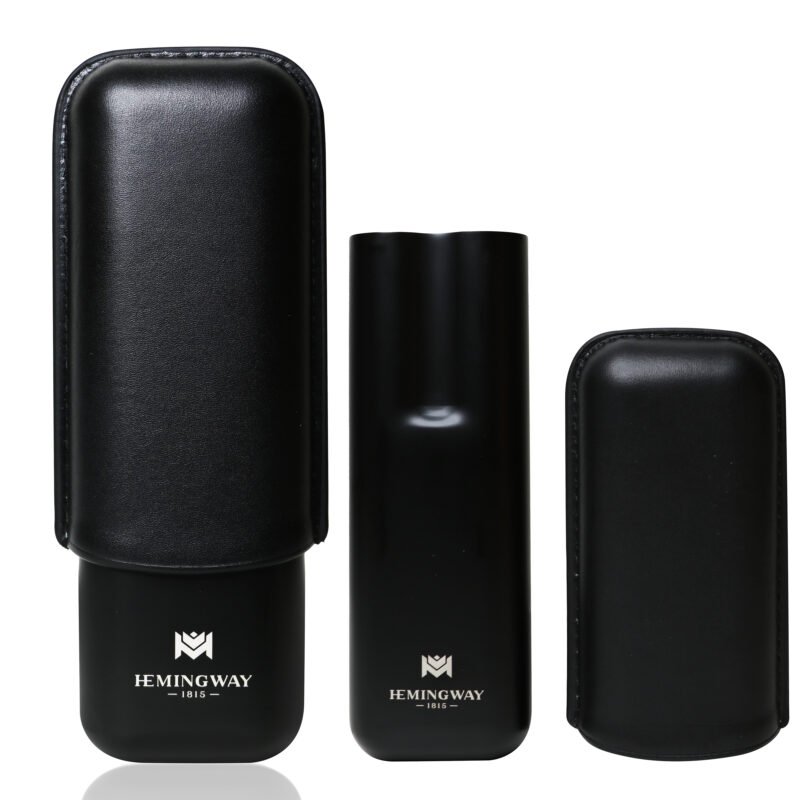 Hemingway Stainless Steel & Leather Portable Travel Cigar Humidor Case Black | Holds Up to 2 Cigars