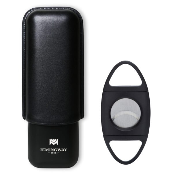 Hemingway Stainless Steel & Leather Portable Travel Cigar Humidor Case Black | Holds Up to 2 Cigars - Image 1