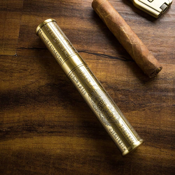 Lubinski Travel Cigar Tube Pure Copper Floral Carving Cigar Holder in Bronzy - Image 3