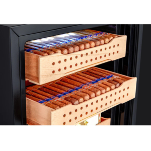 Interior of Hemingway B1 Humidor showing Spanish cedar drawers filled with premium cigars and LED lighting