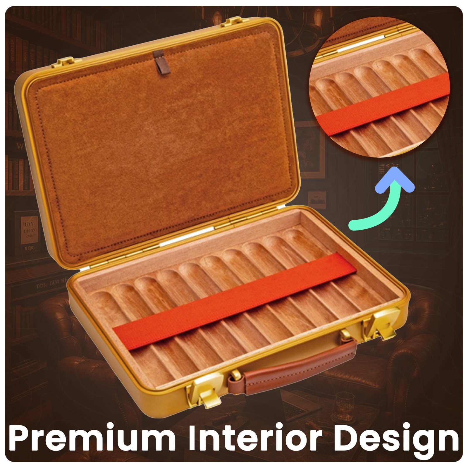 Lubinski Luxury Aluminium Alloy Cigar Humidor Portable Cigar Storage Box Cedar Wood Interior Holds 20 Cigars Gold - Image 4