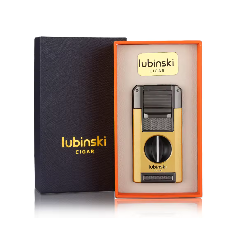 Portable Metal V Cutter And Cigar Lighter Butane Gas Jet Blue Flame Needles Punch Gold
