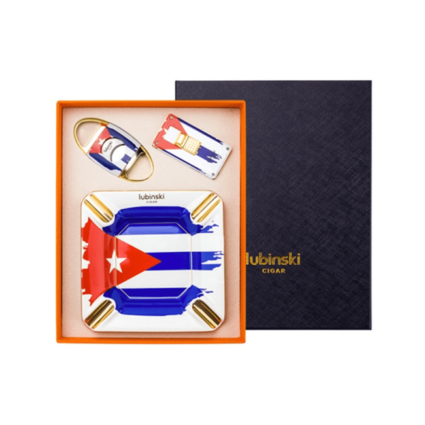 Luxury Portable Cigar Guillotine Cutter 2 Torch Flame Cigar Lighter Home Ceramic Ashtray Cuban Flag Cigar Set