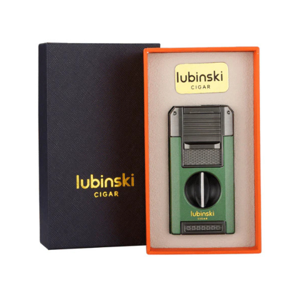 Portable Metal V Cutter And Cigar Lighter Butane Gas Jet Blue Flame Needles Punch Green