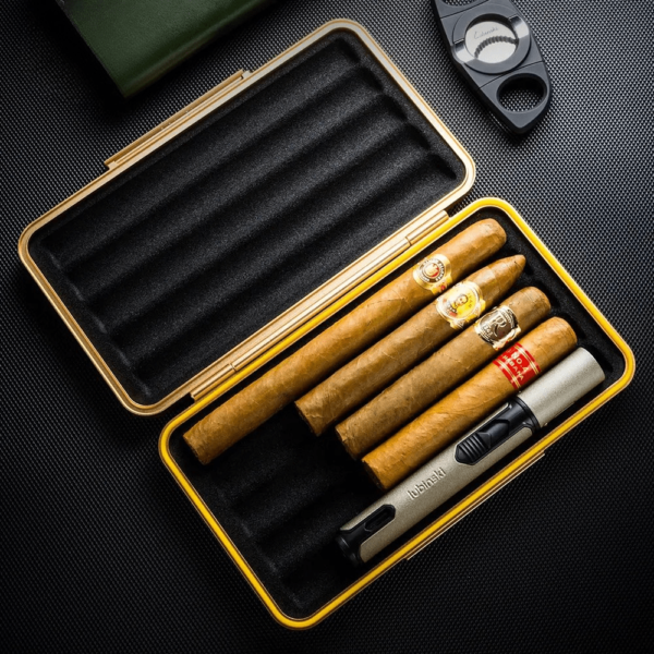 New Aluminum 5 Cigars Travel Portable Cigar Case With Genuine Leather Case Portable & Stylish Gold - Image 2