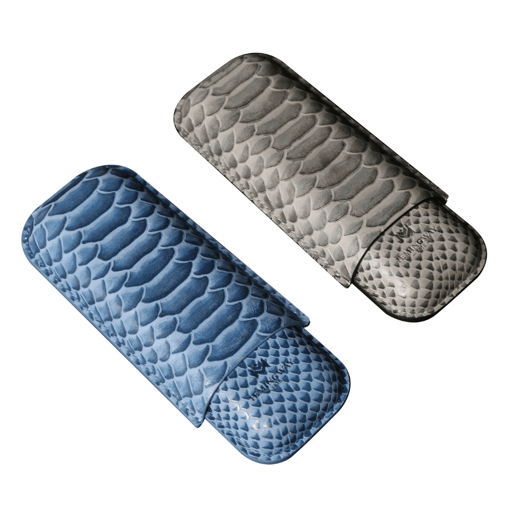 Hemingway Premium leather Cigar Case 2 Cigars Holder Snake Print Cigar Case Grey