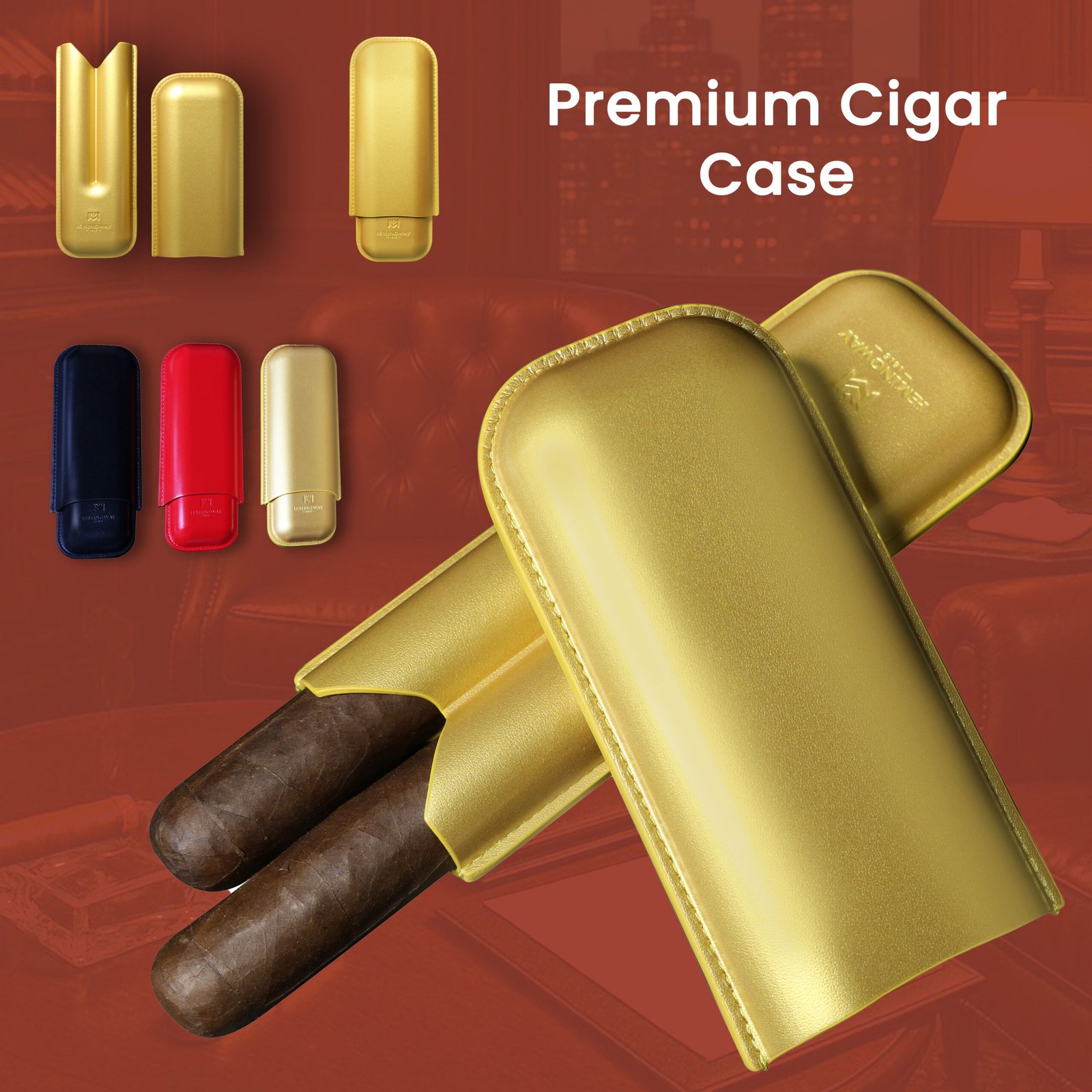 Hemingway Premium leather Cigar Case 2 Cigars Holder Snake Print Cigar Case Gold - Image 4