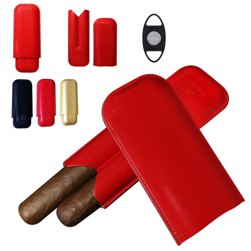 Hemingway Premium leather Cigar Case 2 Cigars Holder Snake Print Cigar Case Red