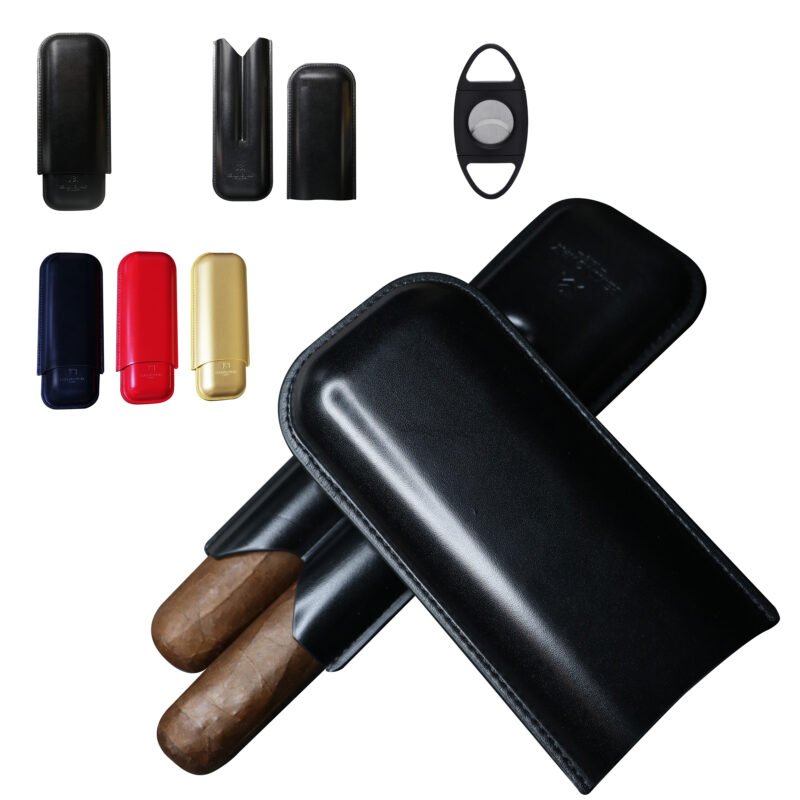 Hemingway Premium leather Cigar Case 2 Cigars Holder Snake Print Cigar Case Black