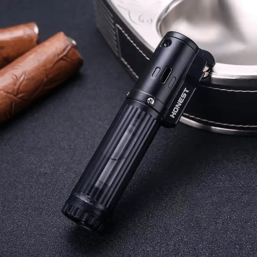 Honest Cigar Lighter Windproof Torch Lighter Single Jet Flame Fuel Refillable Tank Visible -Black