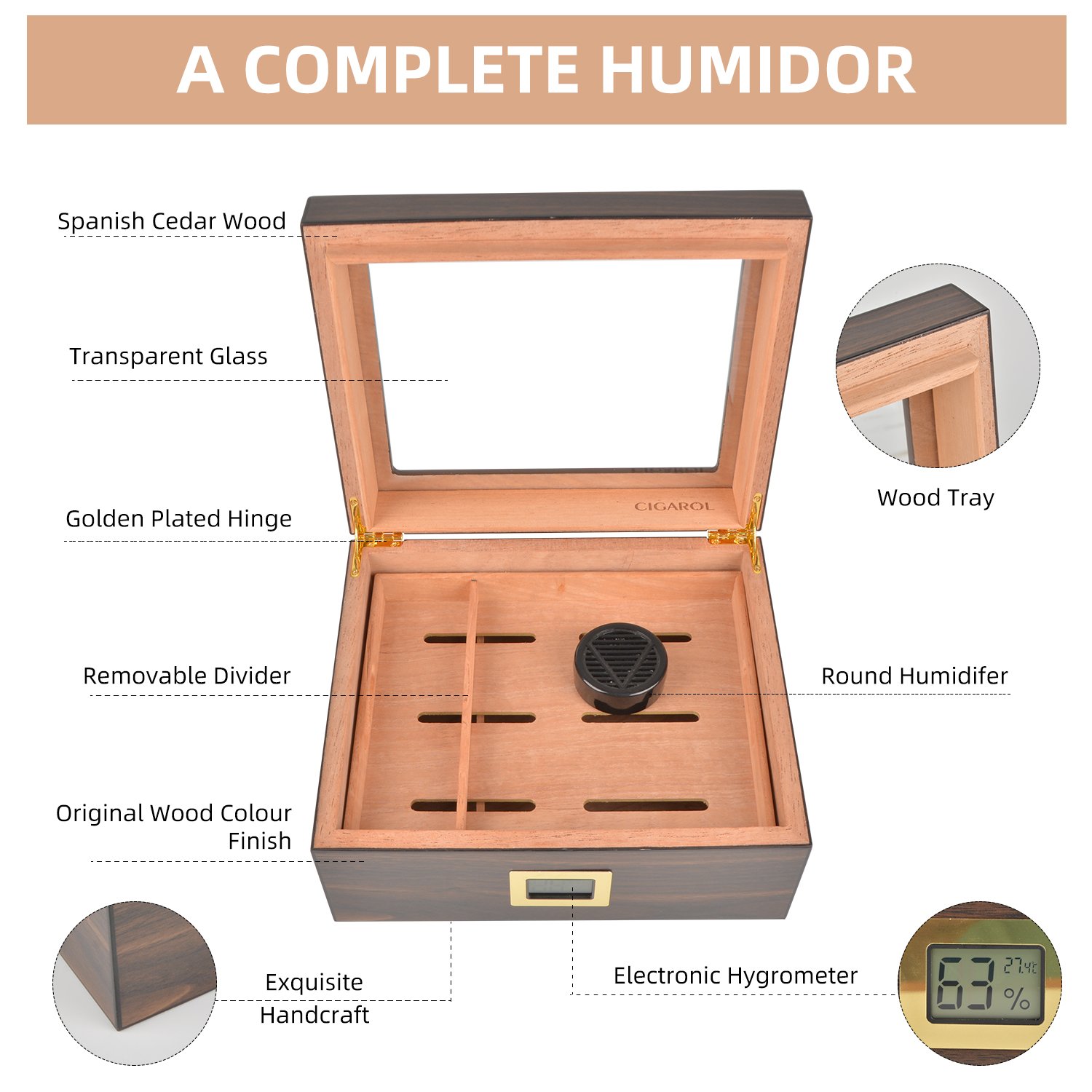 CIGAROL Glass Top Cigar Humidor | Digital Hygrometer & Spanish Cedar Tray - Image 6