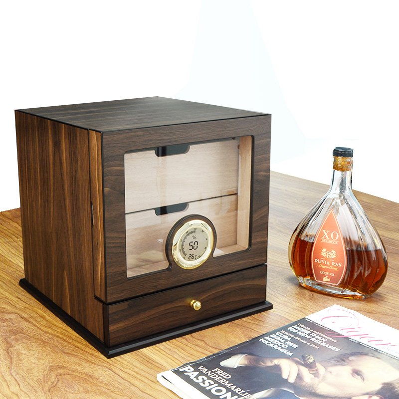 CIGAROL Glass Top Cigar Humidor Set | Modern Carbon Fiber Design & Digital Hygrometer