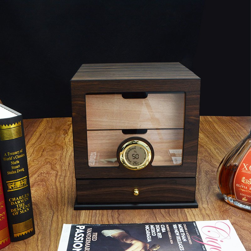 CIGAROL Glass Top Cigar Humidor Set | Modern Carbon Fiber Design & Digital Hygrometer