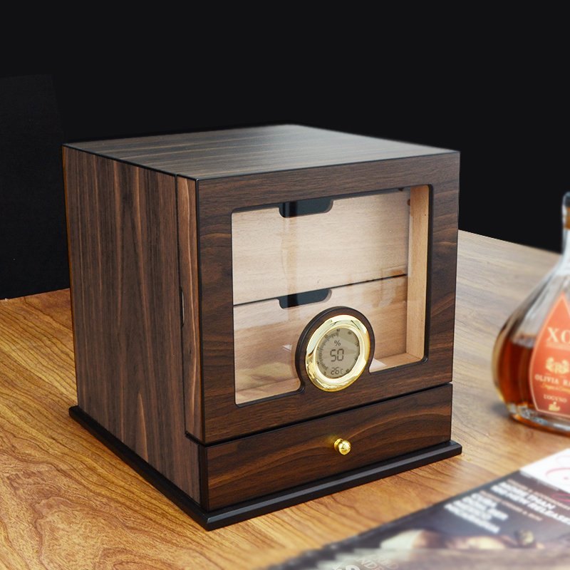 CIGAROL Glass Top Cigar Humidor Set | Modern Carbon Fiber Design & Digital Hygrometer