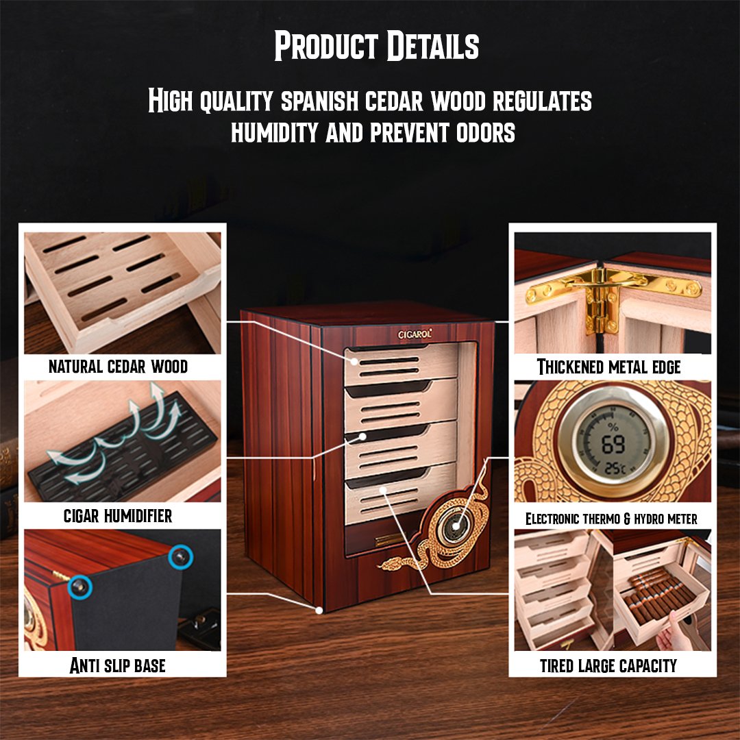 CIGAROL Electric Cigar Humidor Cabinet | Ornate Dragon Design with Spanish Cedar Drawers - Image 9