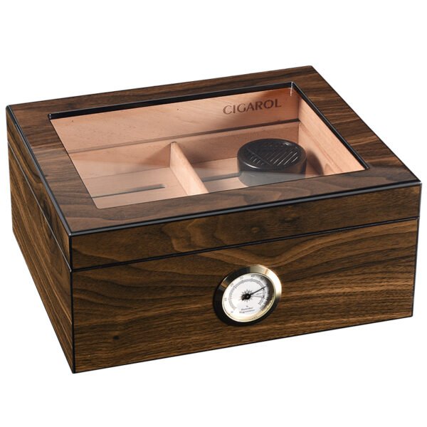 CIGAROL desktop Glass Top Cigar Humidor | Classic Wood Design with Analog Hygrometer - Image 1