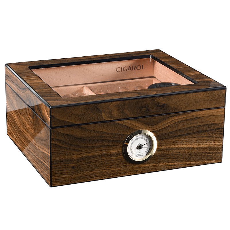 CIGAROL desktop Glass Top Cigar Humidor | Classic Wood Design with Analog Hygrometer