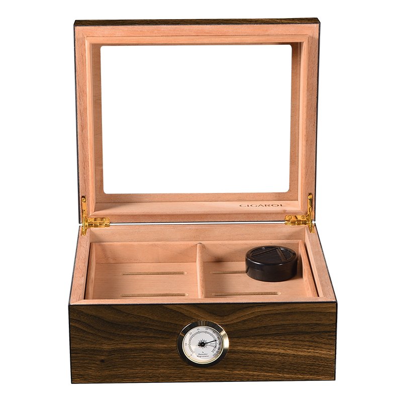 CIGAROL desktop Glass Top Cigar Humidor | Classic Wood Design with Analog Hygrometer