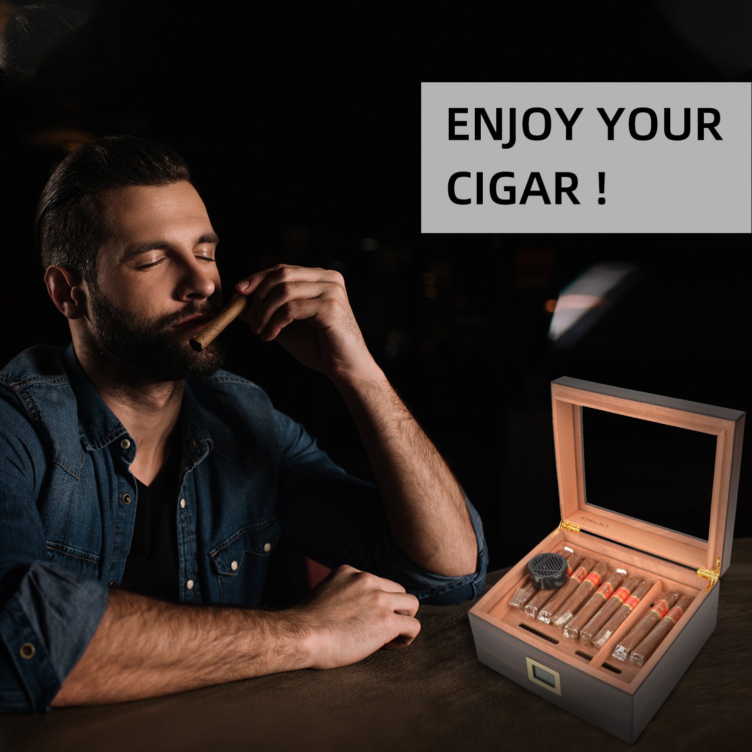 CIGAROL Glass Top Cigar Humidor | Digital Hygrometer & Spanish Cedar Tray - Image 3