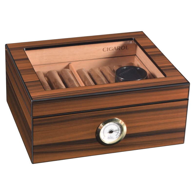Cigarol Glass Top Desktop Humidor | Classic Wood Finish with Analog or Digital Hygrometer