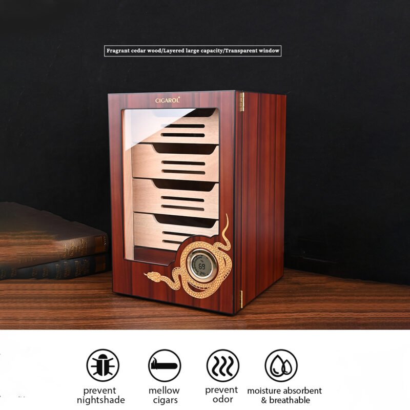 CIGAROL Electric Cigar Humidor Cabinet | Ornate Dragon Design with Spanish Cedar Drawers