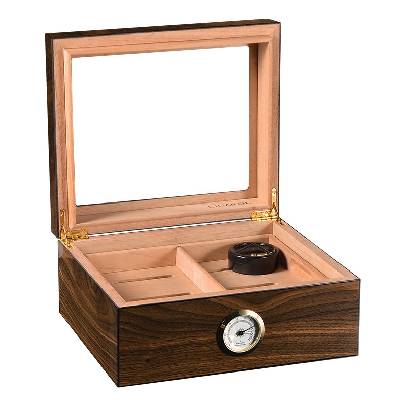 CIGAROL desktop Glass Top Cigar Humidor | Classic Wood Design with Analog Hygrometer