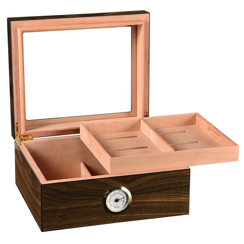 CIGAROL desktop Glass Top Cigar Humidor | Classic Wood Design with Analog Hygrometer
