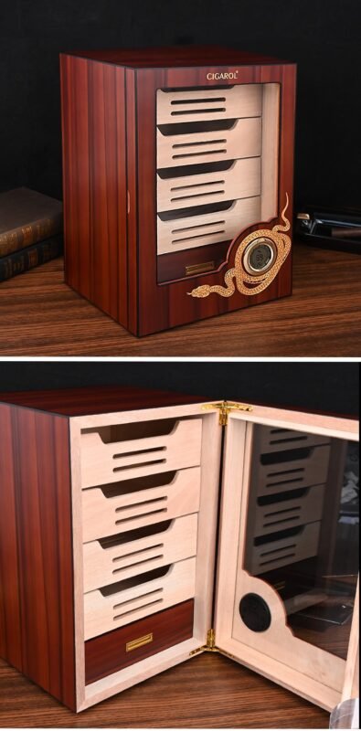CIGAROL Electric Cigar Humidor Cabinet | Ornate Dragon Design with Spanish Cedar Drawers