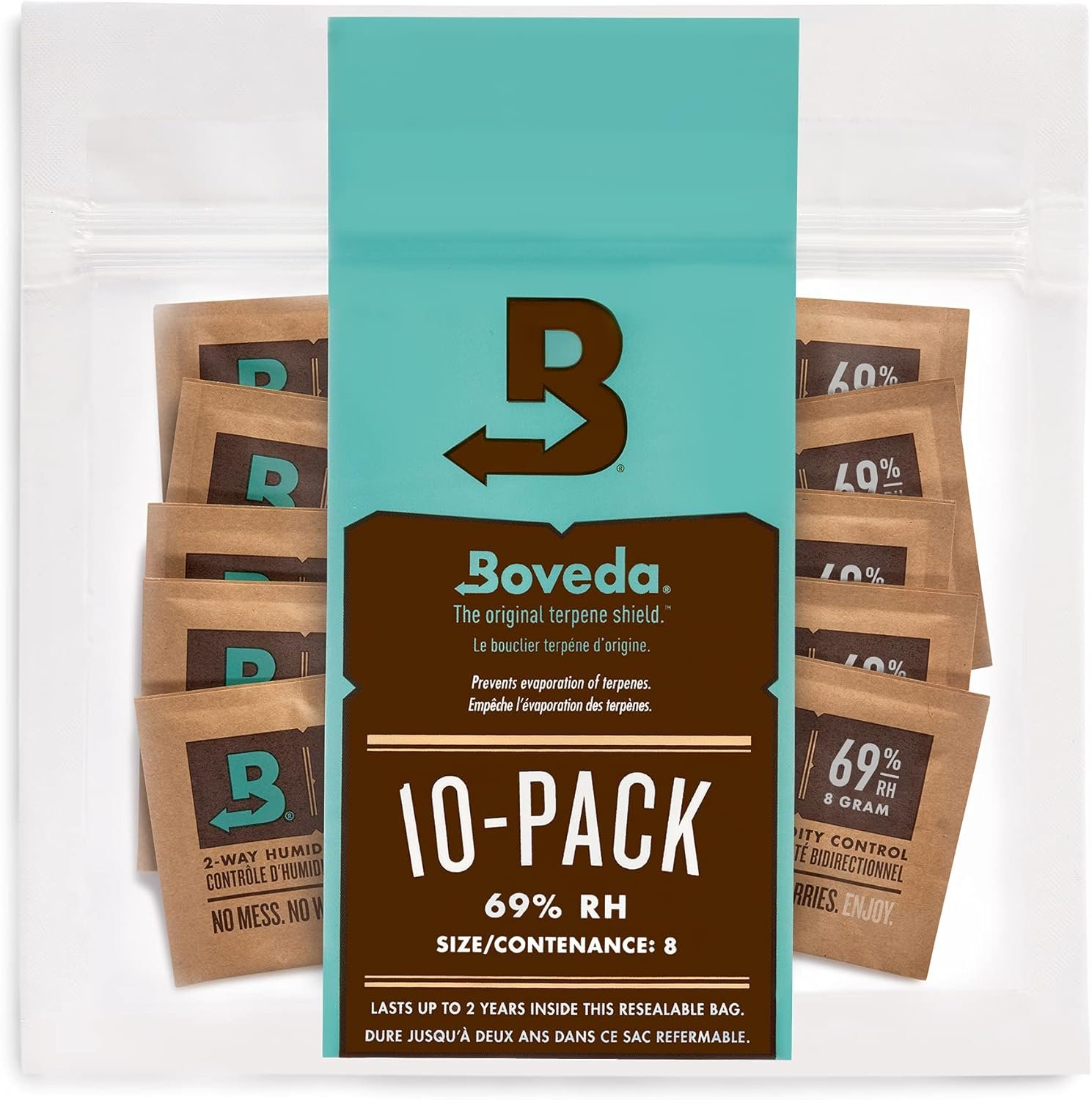 Boveda 69% RH 2-Way Humidity Control – Restores & Maintains Humidity – All In One Solution For Humidification- Patented Technology for Cigar Humidors – Convenient & Versatile - 10 Count Resealable Bag - Image 1