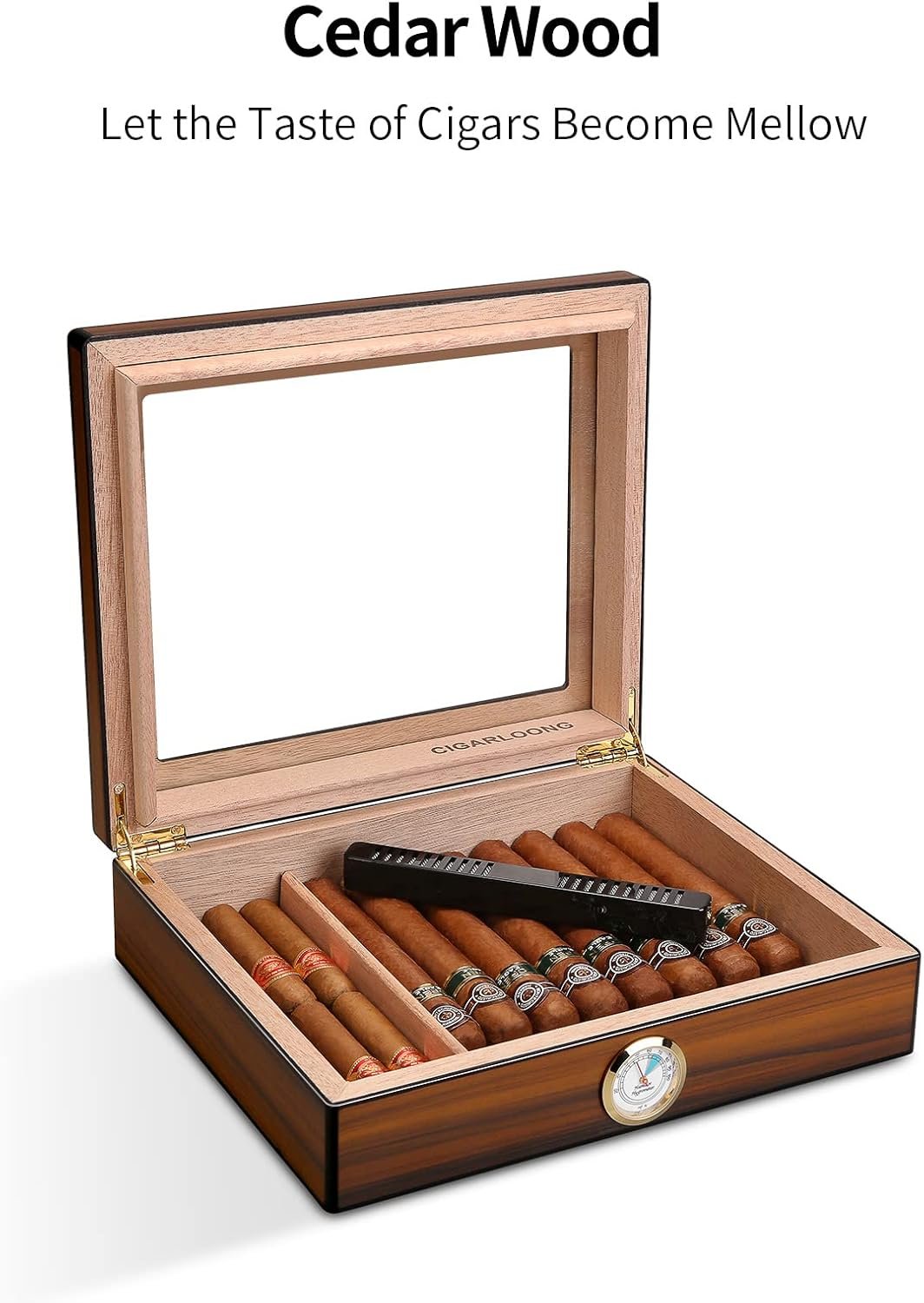 CIGARLOONG Retro Glass Top Humidor: Elegant Desktop Cigar Box with Humidifier & Hygrometer - Image 1