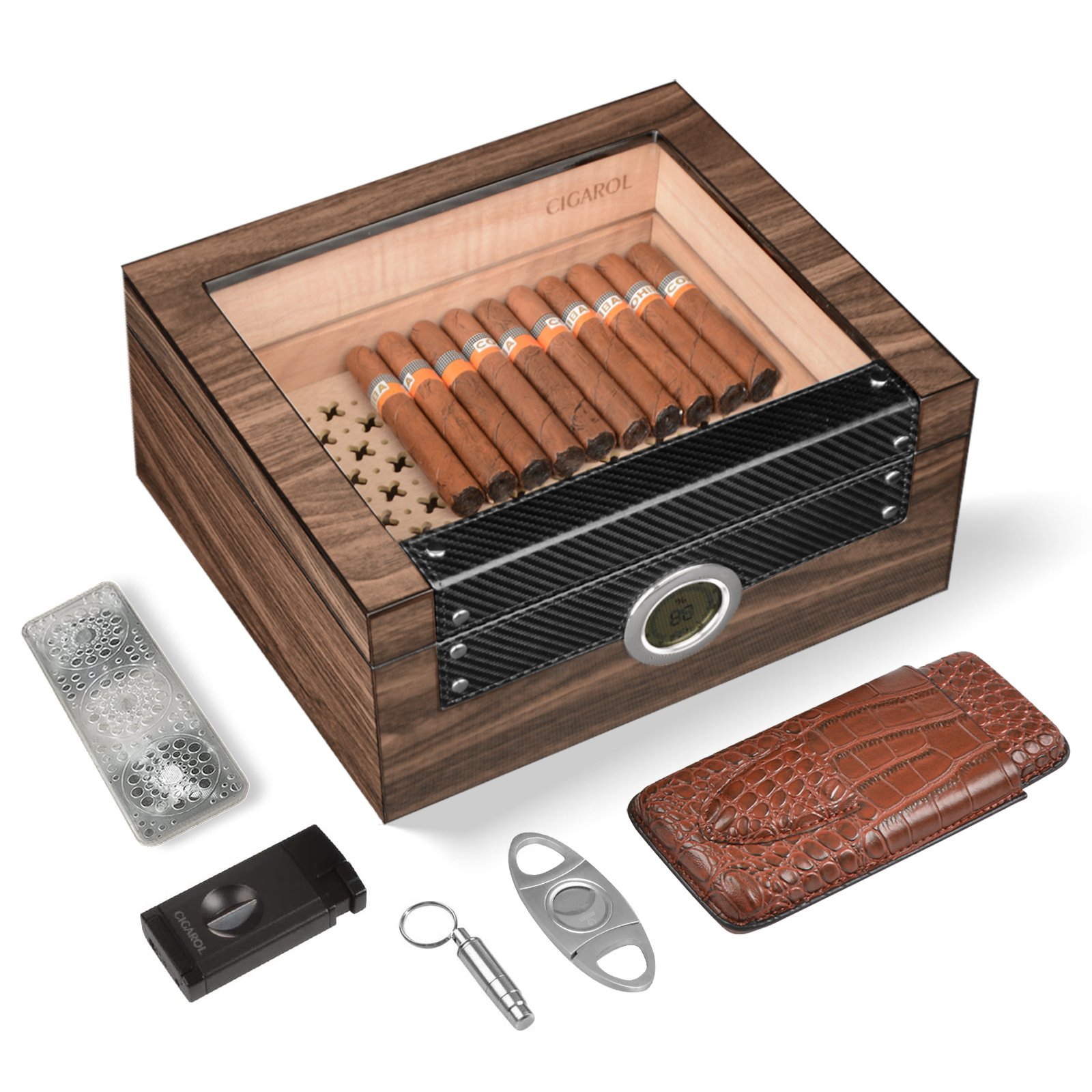 Cigarol Glass Top Humidor Set | Modern Carbon Fiber Design with Digital Hygrometer & Accessories - Image 1