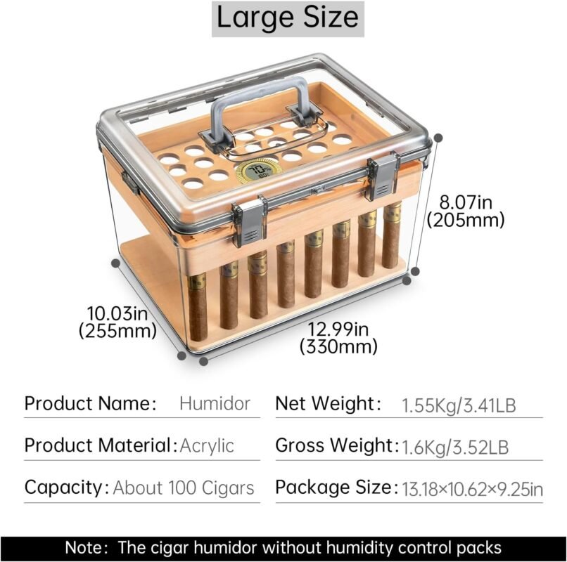 CIGARLOONG Acrylic Cigar Humidor: Transparent Box with Hygrometer & Cedar Tray