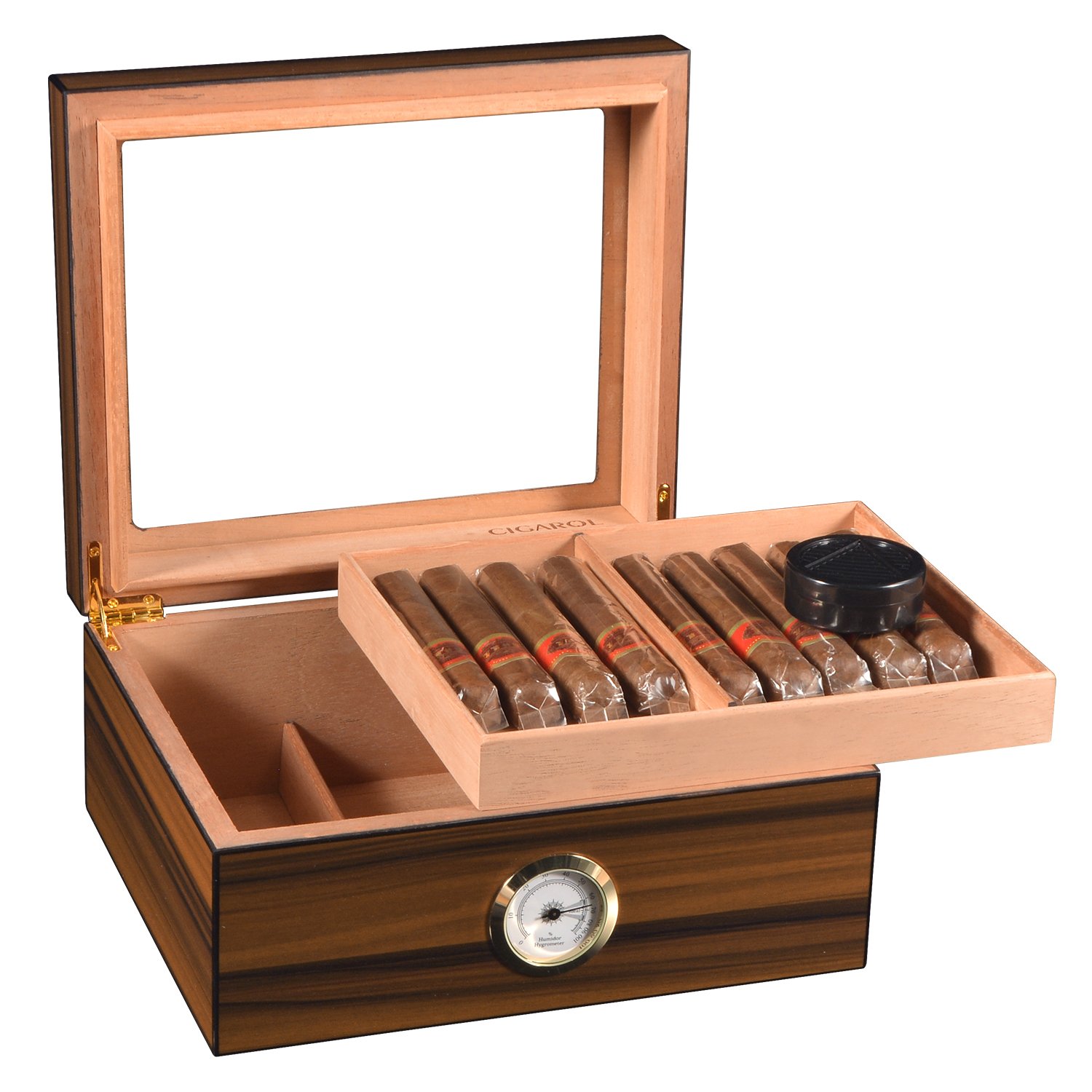 Cigarol Glass Top Desktop Humidor | Classic Wood Finish with Analog or Digital Hygrometer - Image 1