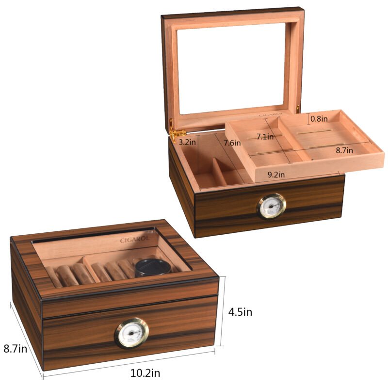 Cigarol Glass Top Desktop Humidor | Classic Wood Finish with Analog or Digital Hygrometer